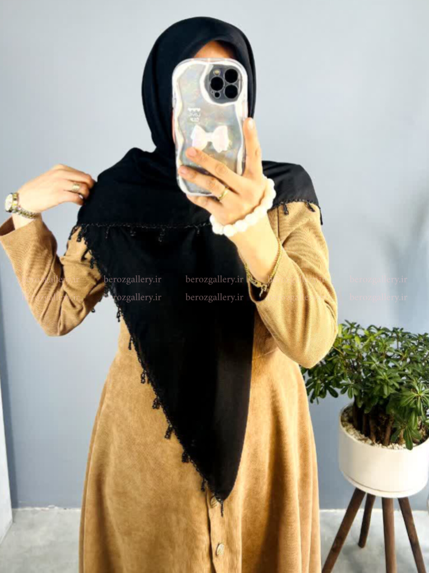 روسری نخی مشکی مروارید اشکی قواره ۱۳۵ - تصویر 5